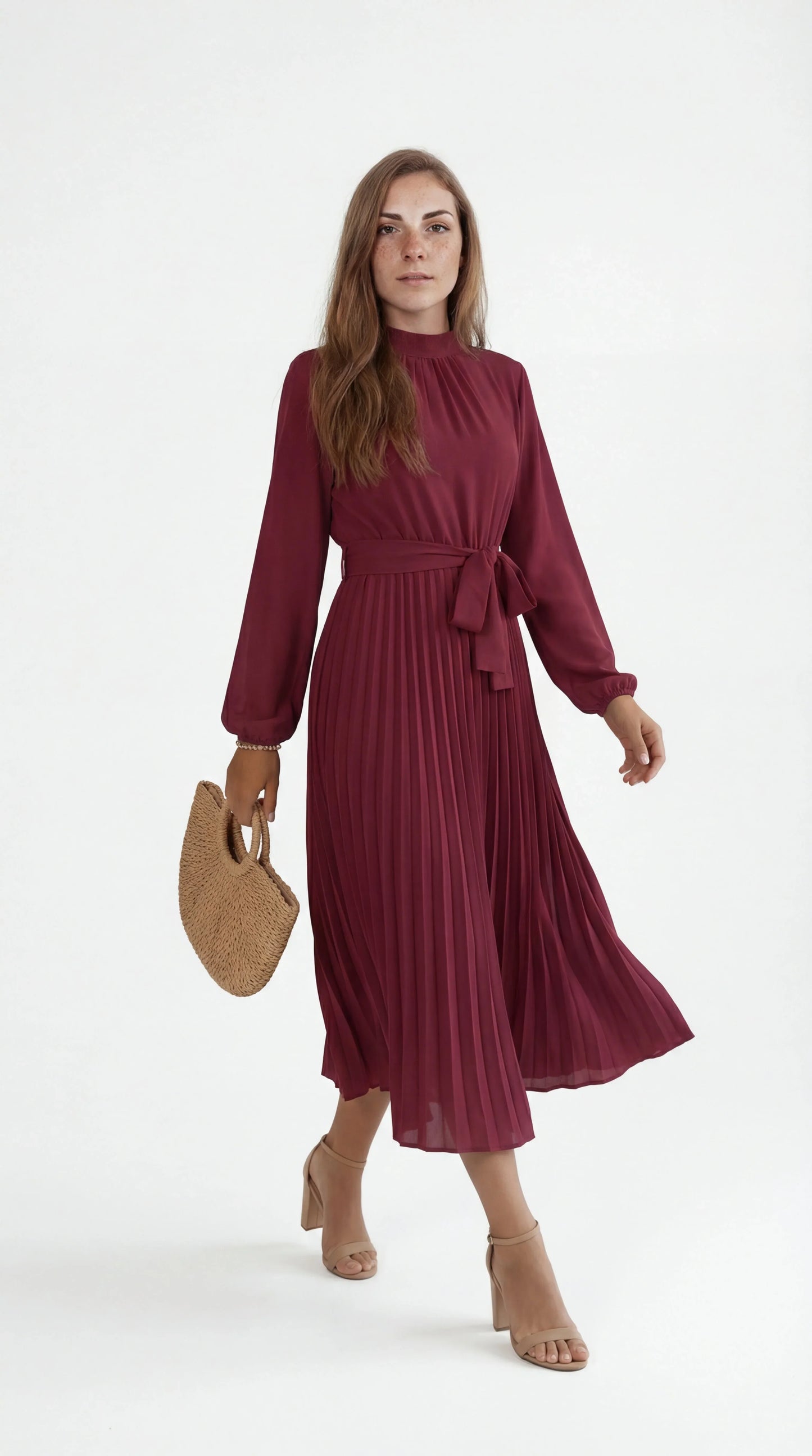 Robe Midi Plissée Femme – Ceinture à Nouer Col Montant Manches Longues