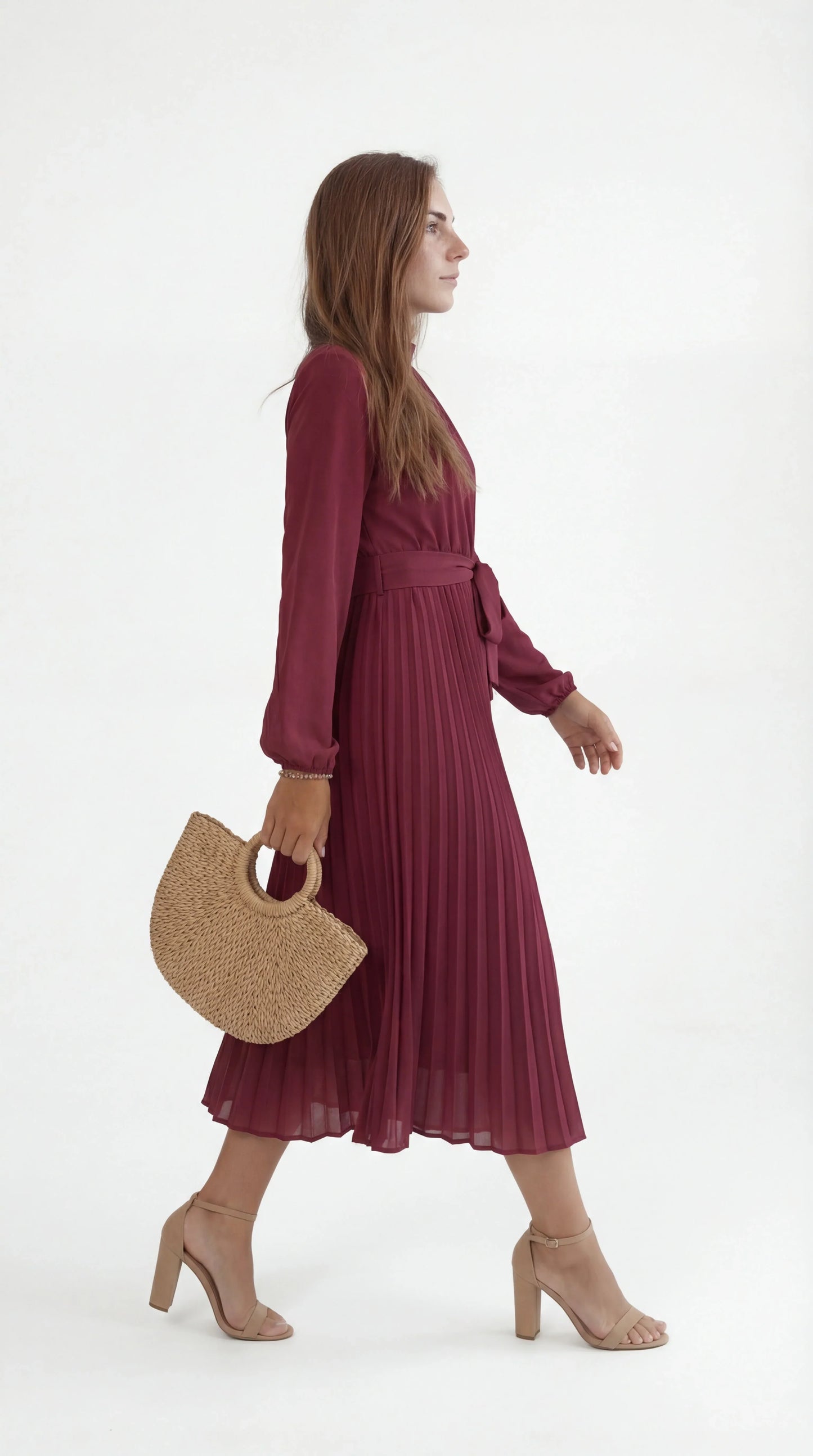 Robe Midi Plissée Femme – Ceinture à Nouer Col Montant Manches Longues
