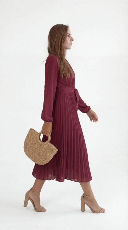 Robe Midi Plissée Femme – Ceinture à Nouer Col Montant Manches Longues