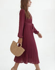 Robe Midi Plissée Femme – Ceinture à Nouer Col Montant Manches Longues