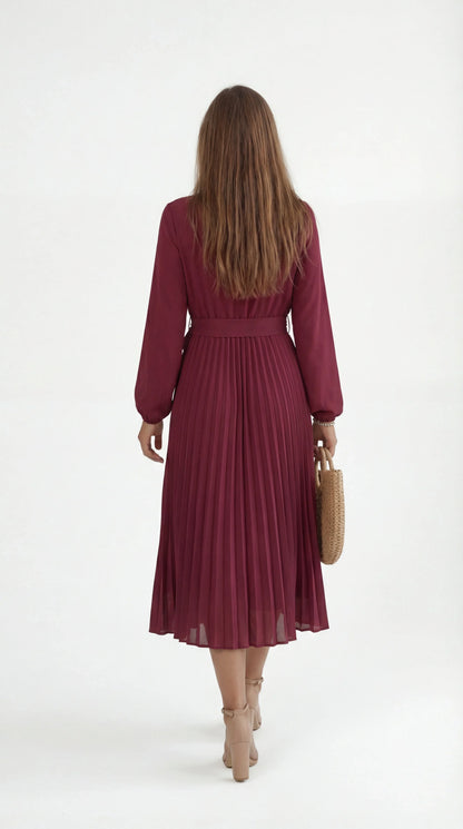 Robe Midi Plissée Femme – Ceinture à Nouer Col Montant Manches Longues