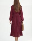 Robe Midi Plissée Femme – Ceinture à Nouer Col Montant Manches Longues