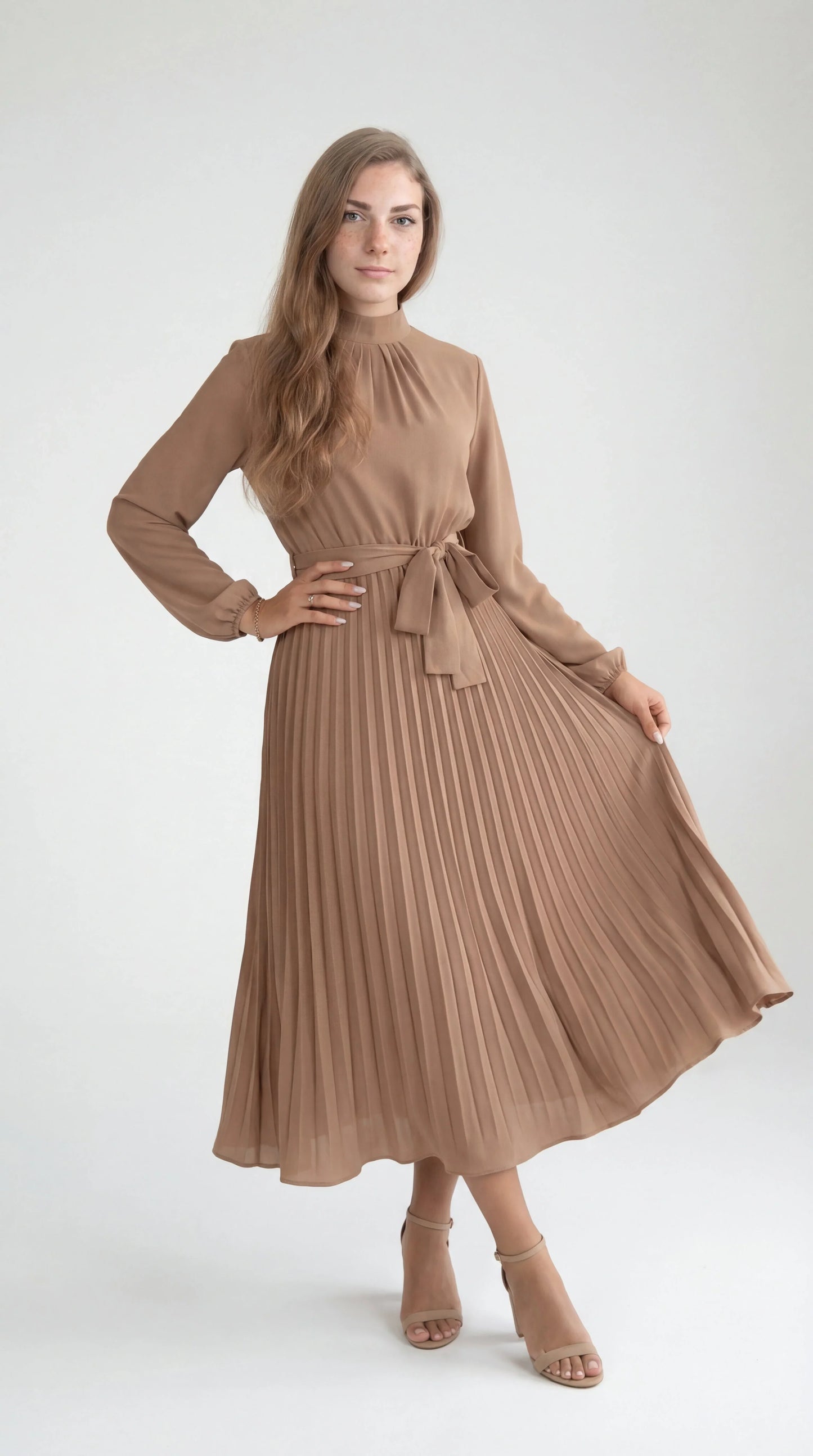 Robe Midi Plissée Femme – Ceinture à Nouer Col Montant Manches Longues