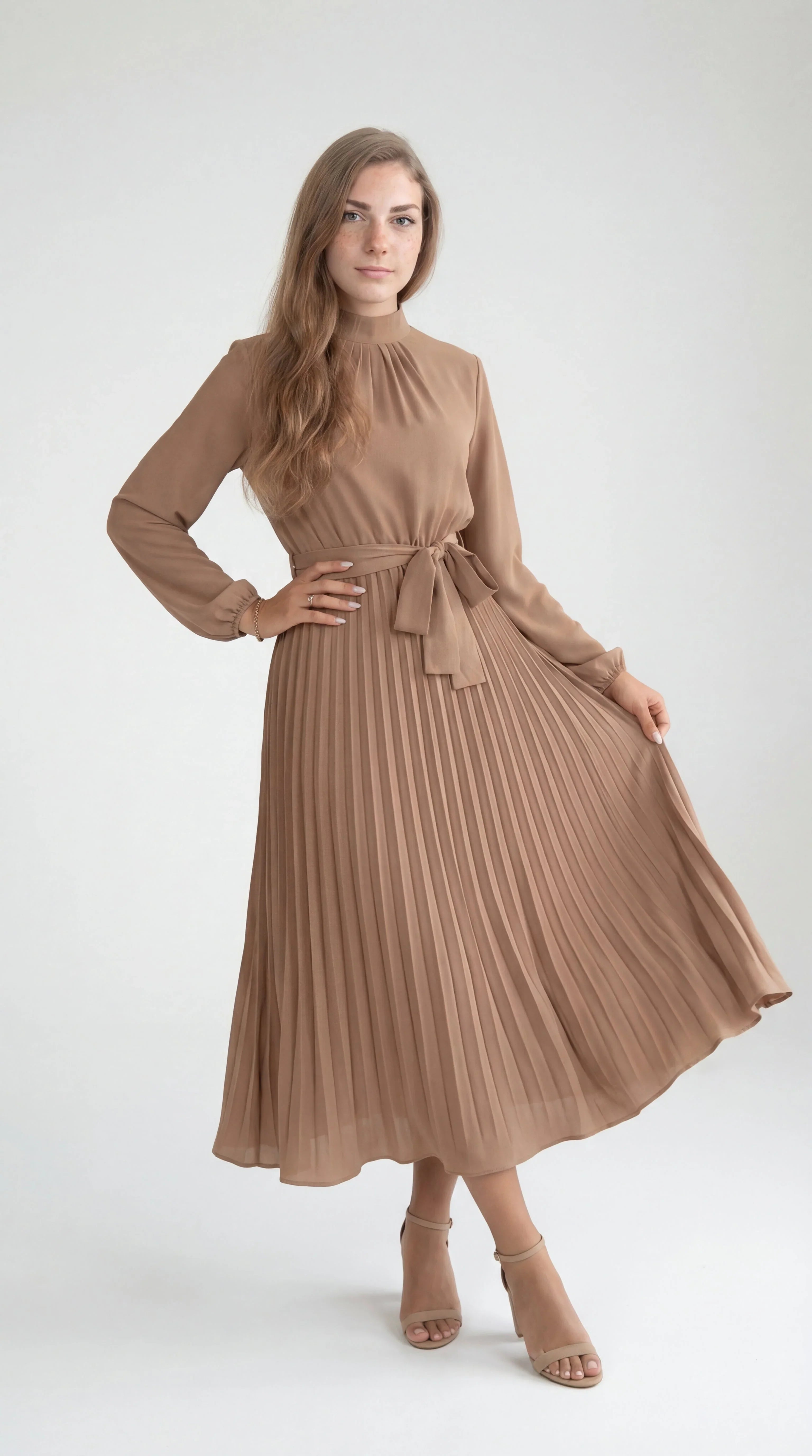 Robe Midi Plissée Femme – Ceinture à Nouer Col Montant Manches Longues