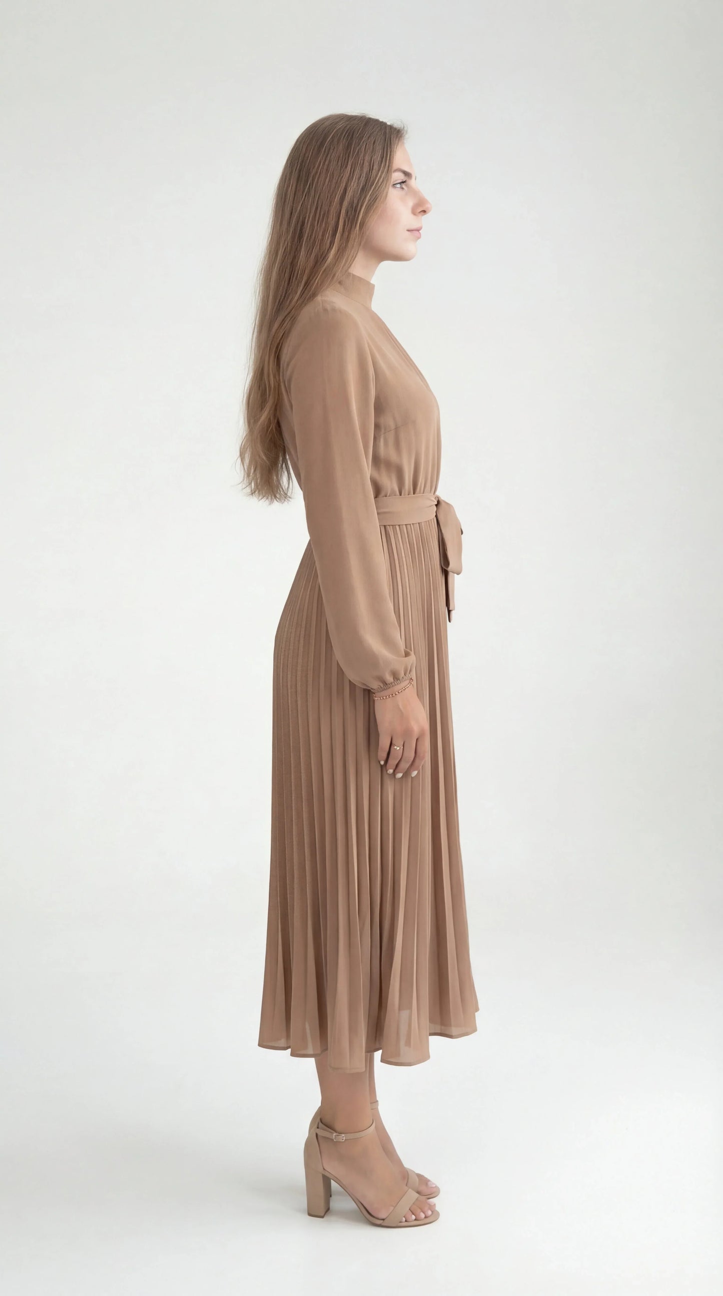 Robe Midi Plissée Femme – Ceinture à Nouer Col Montant Manches Longues