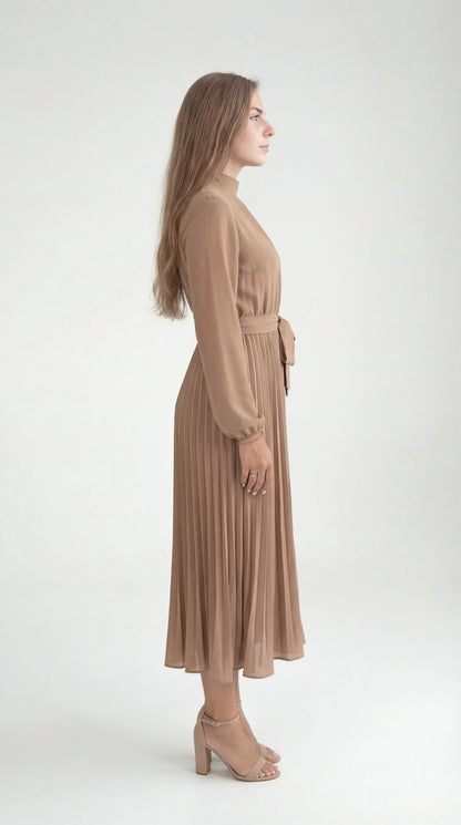 Robe Midi Plissée Femme – Ceinture à Nouer Col Montant Manches Longues
