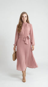 Robe Midi Plissée Femme – Ceinture à Nouer Col Montant Manches Longues