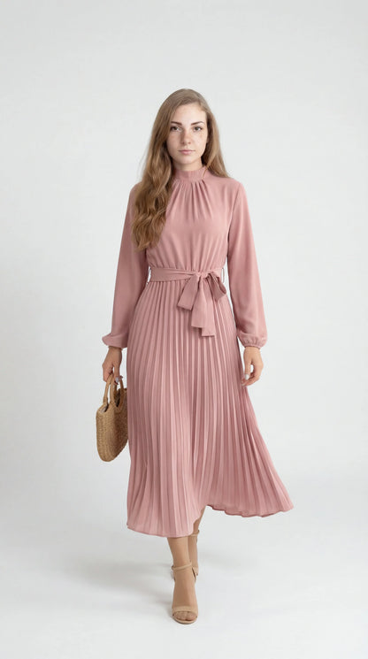 Robe Midi Plissée Femme – Ceinture à Nouer Col Montant Manches Longues