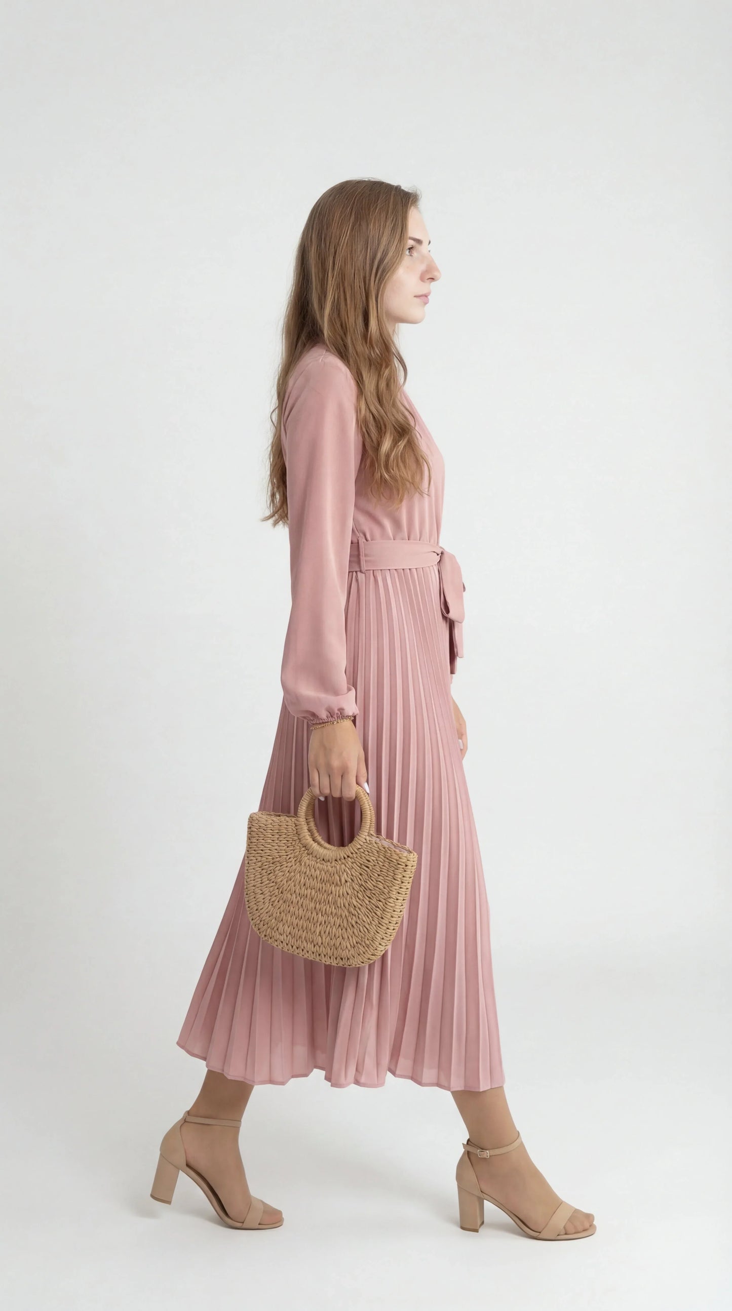 Robe Midi Plissée Femme – Ceinture à Nouer Col Montant Manches Longues