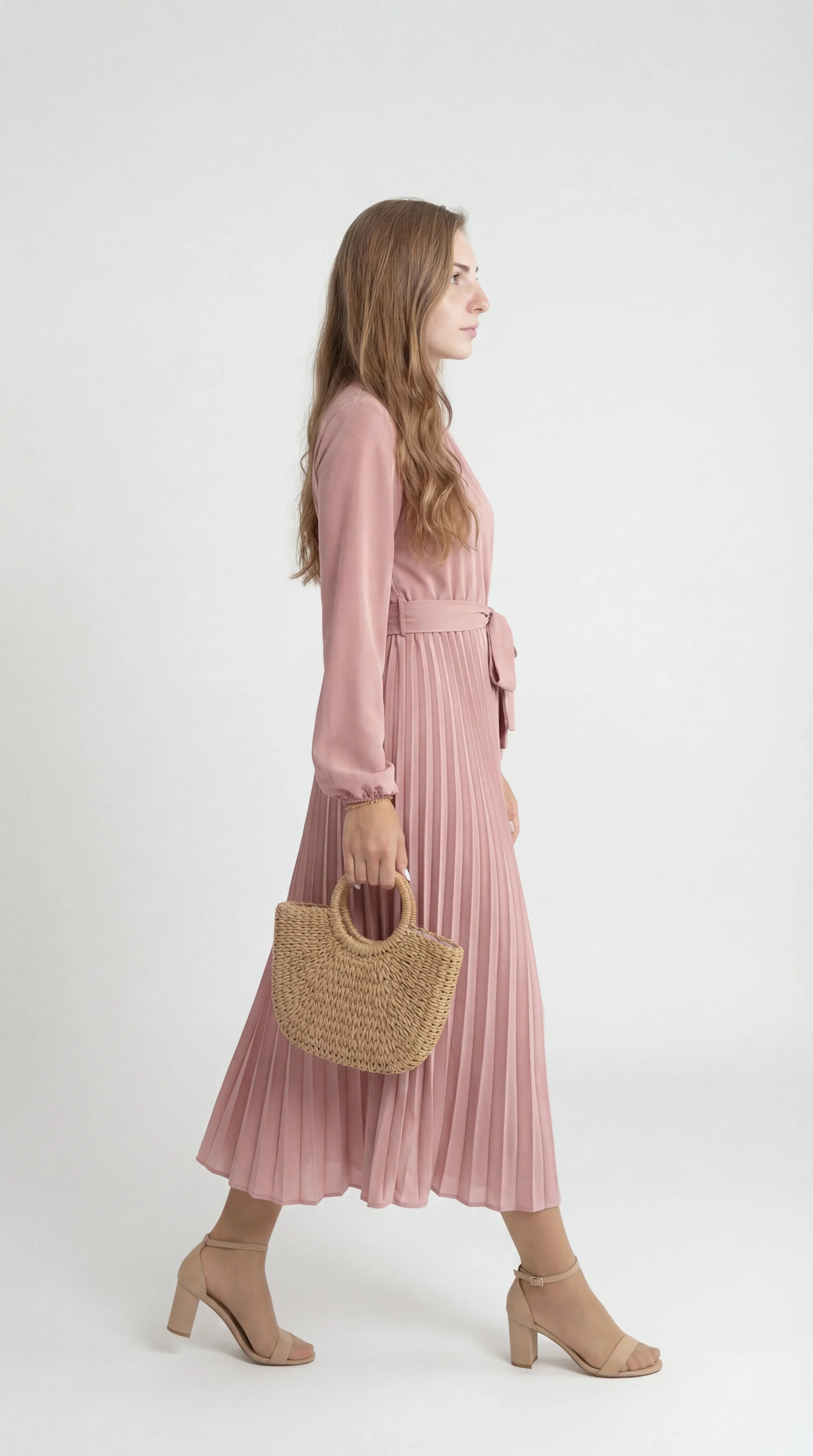 Robe Midi Plissée Femme – Ceinture à Nouer Col Montant Manches Longues