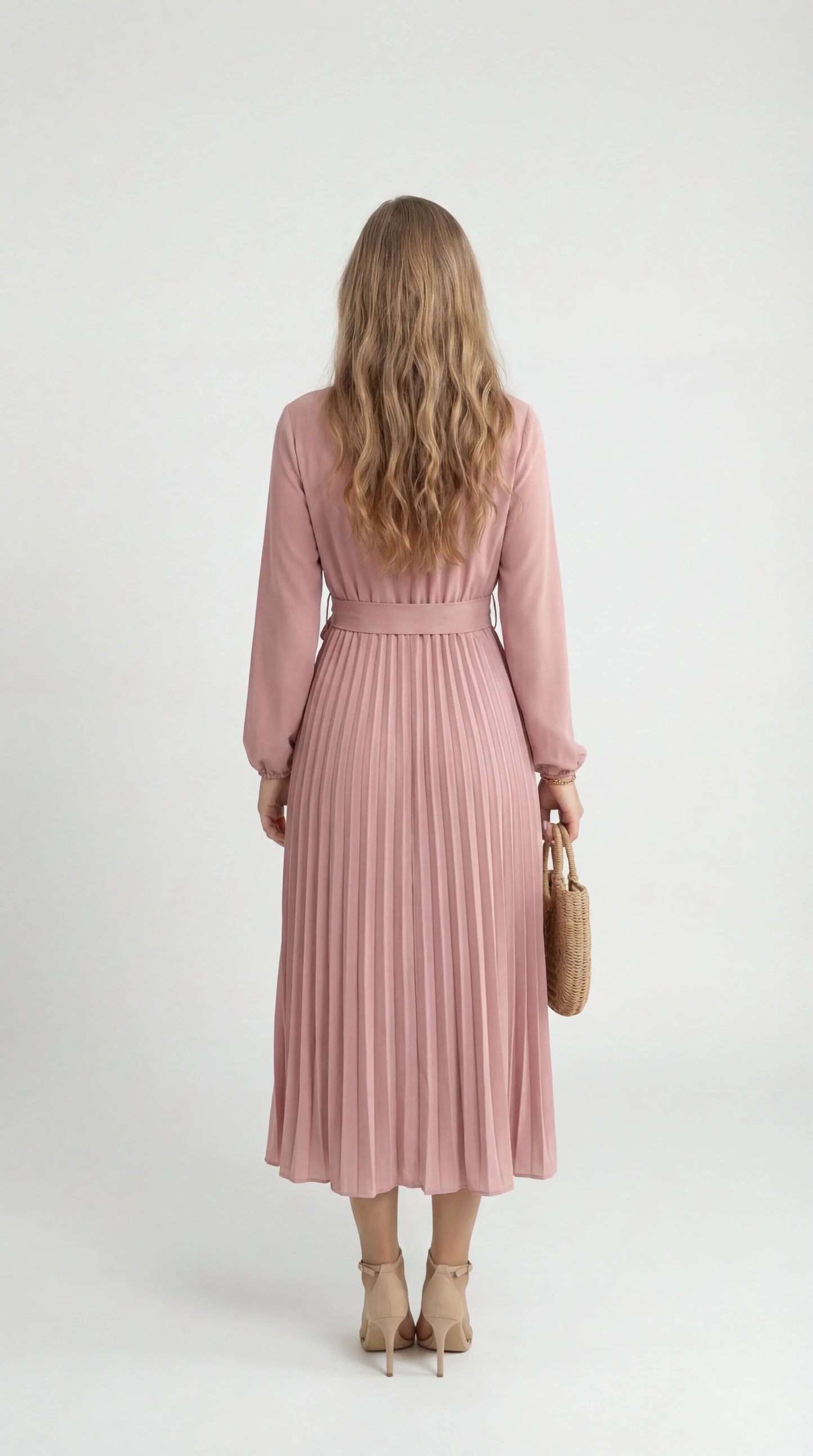 Robe Midi Plissée Femme – Ceinture à Nouer Col Montant Manches Longues