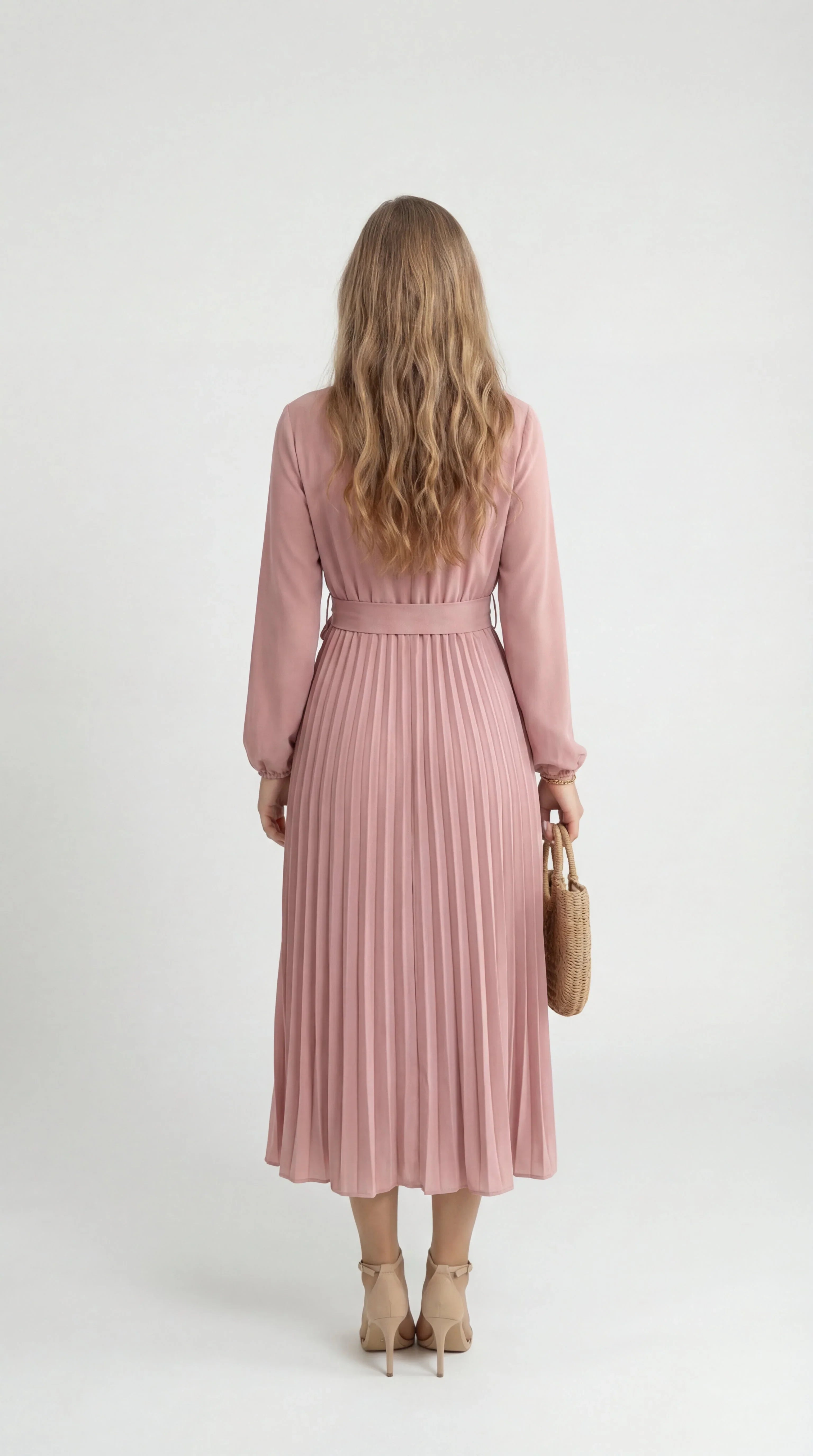 Robe Midi Plissée Femme – Ceinture à Nouer Col Montant Manches Longues