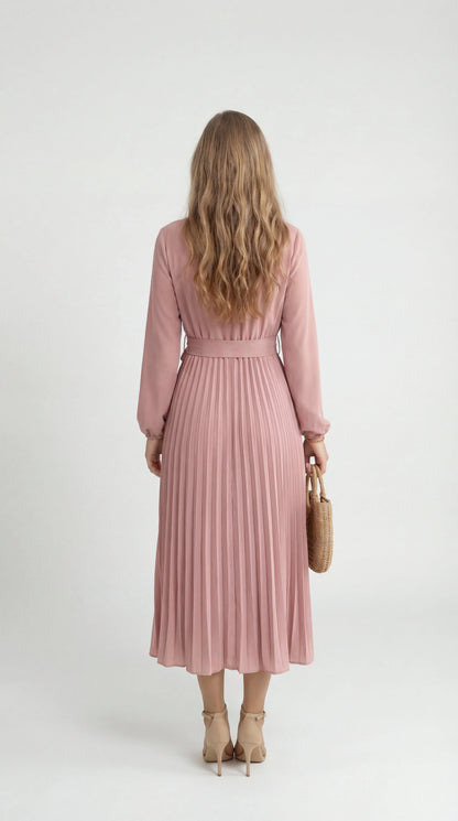 Robe Midi Plissée Femme – Ceinture à Nouer Col Montant Manches Longues