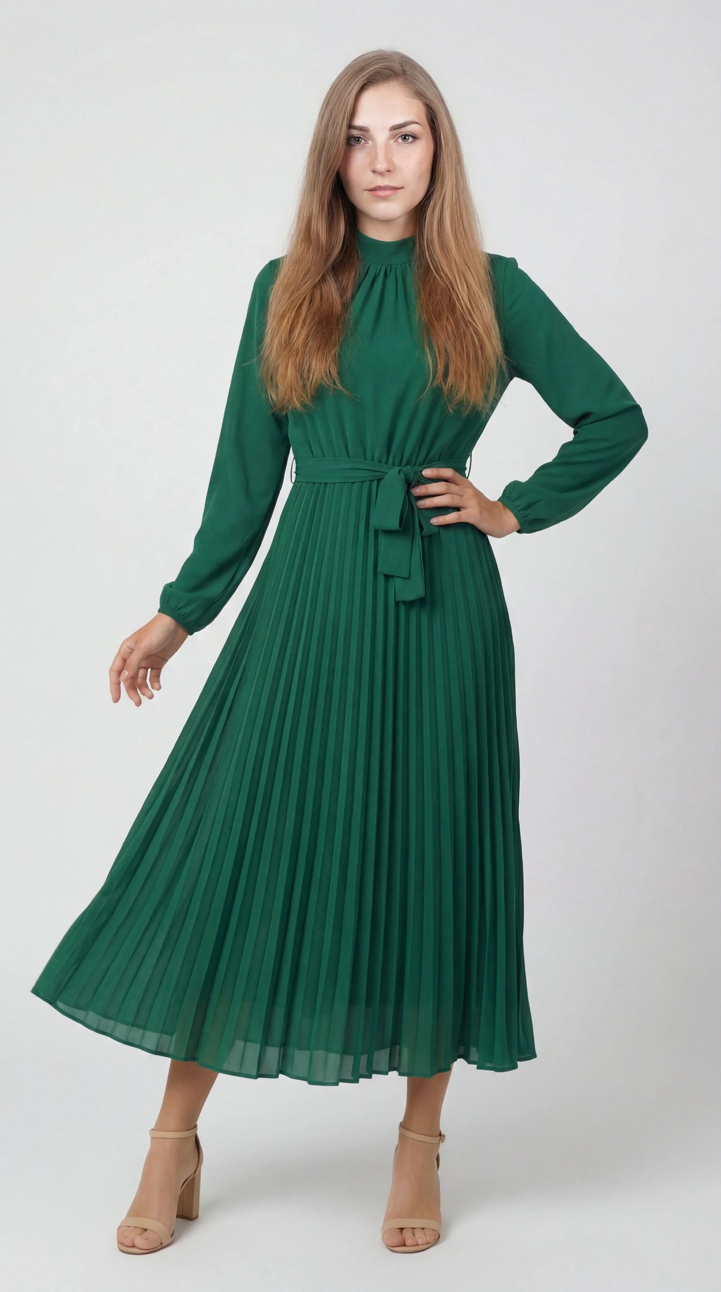 Robe Midi Plissée Femme – Ceinture à Nouer Col Montant Manches Longues