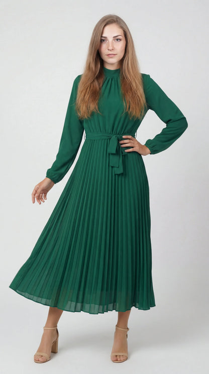 Robe Midi Plissée Femme – Ceinture à Nouer Col Montant Manches Longues