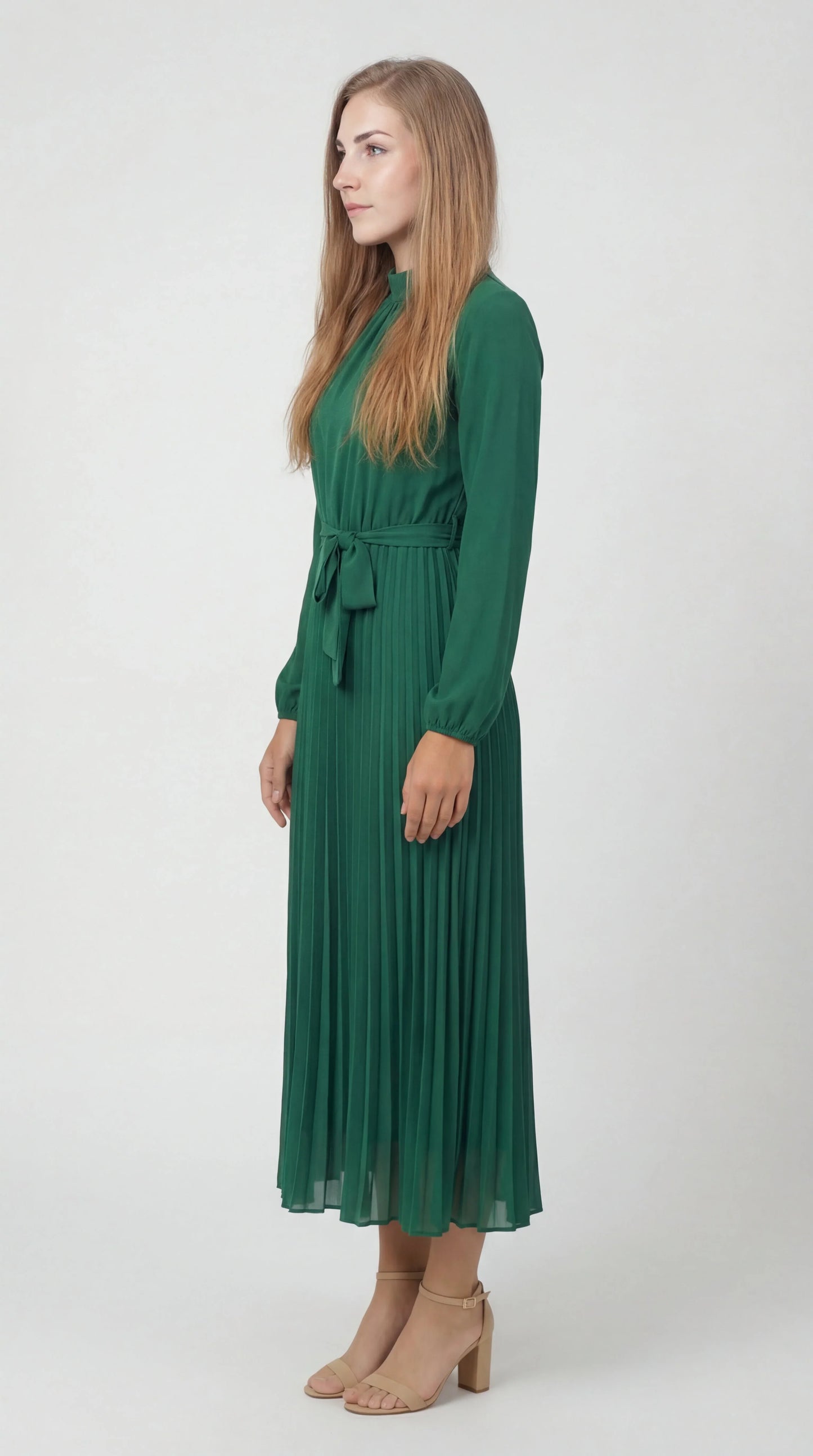 Robe Midi Plissée Femme – Ceinture à Nouer Col Montant Manches Longues