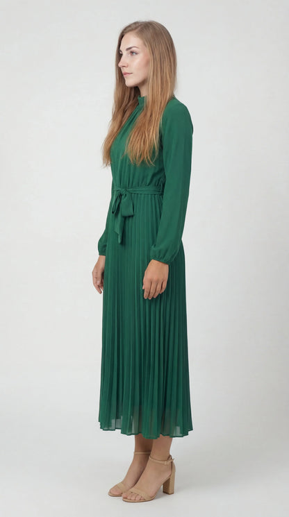 Robe Midi Plissée Femme – Ceinture à Nouer Col Montant Manches Longues