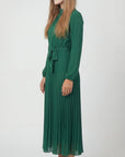 Robe Midi Plissée Femme – Ceinture à Nouer Col Montant Manches Longues