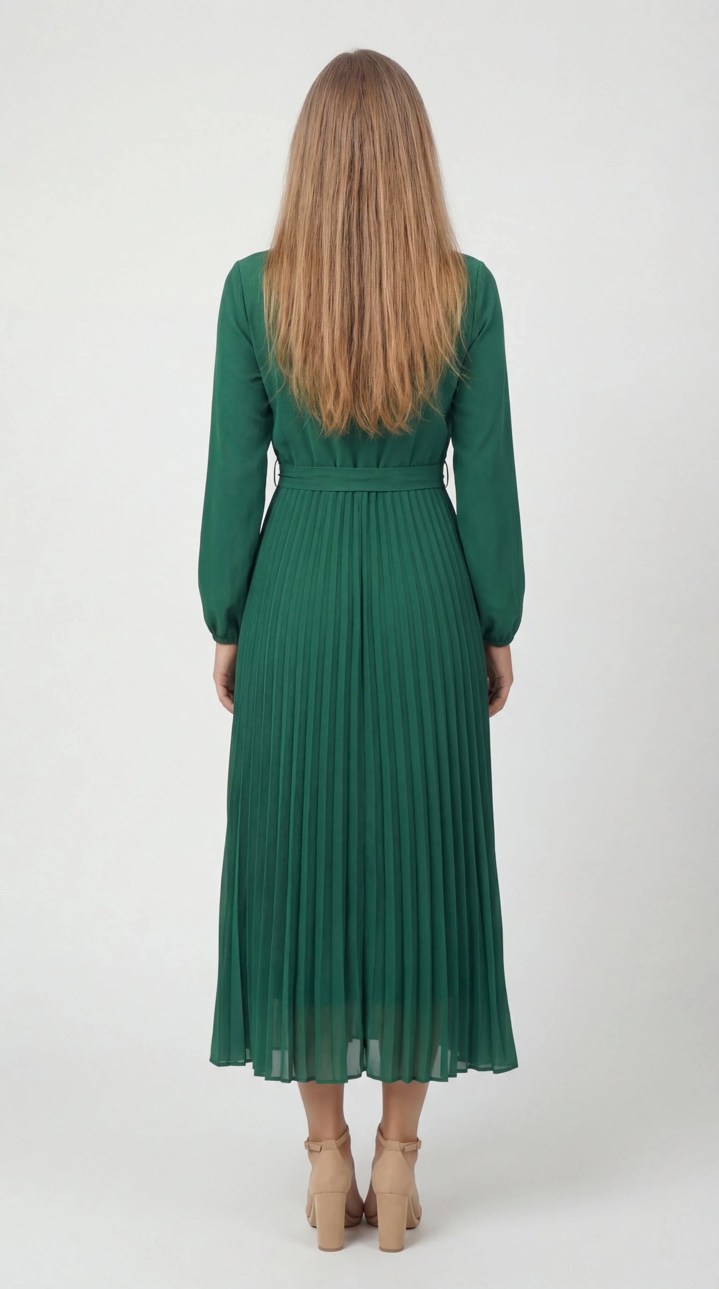 Robe Midi Plissée Femme – Ceinture à Nouer Col Montant Manches Longues