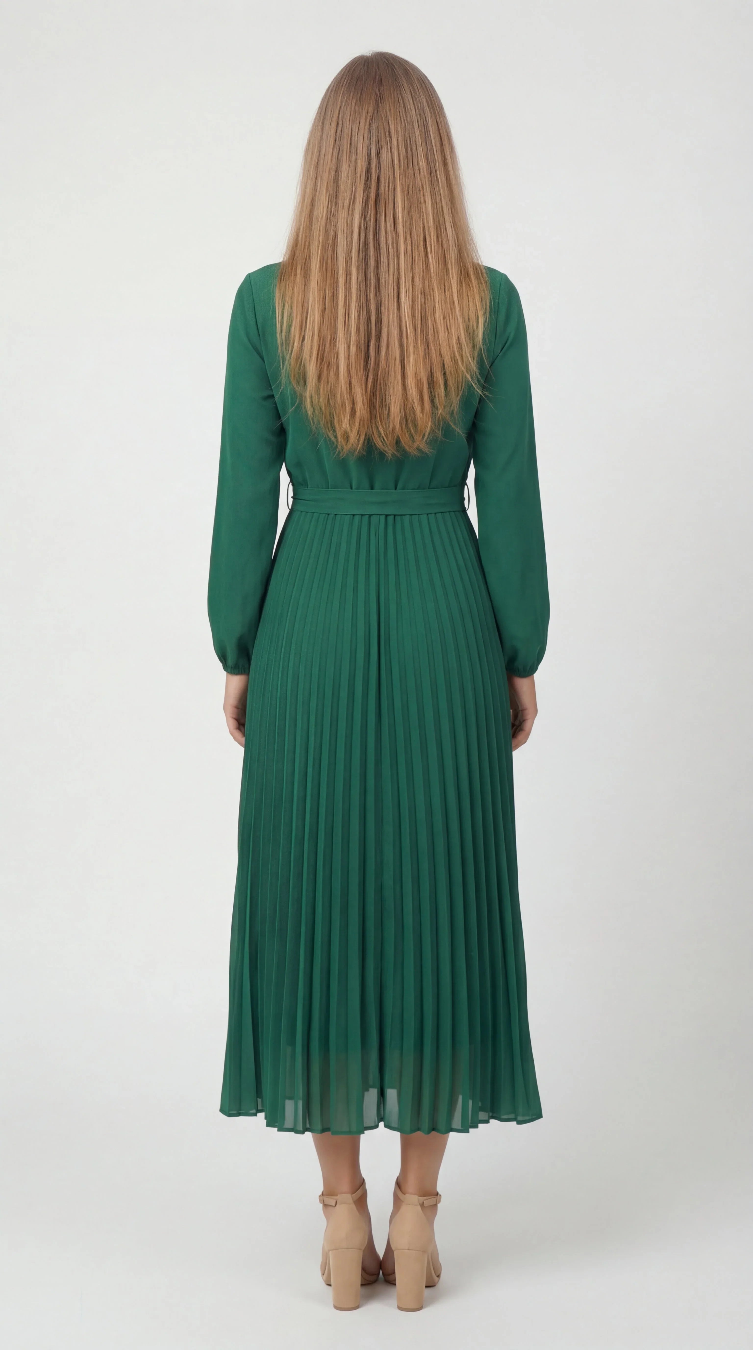 Robe Midi Plissée Femme – Ceinture à Nouer Col Montant Manches Longues