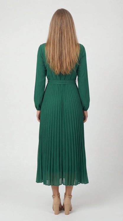 Robe Midi Plissée Femme – Ceinture à Nouer Col Montant Manches Longues