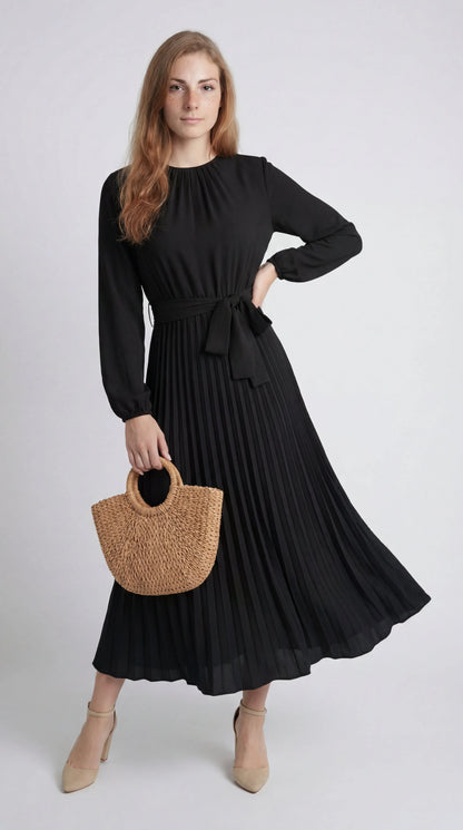 Robe Midi Plissée Femme – Ceinture à Nouer Col Montant Manches Longues