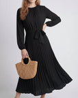 Robe Midi Plissée Femme – Ceinture à Nouer Col Montant Manches Longues