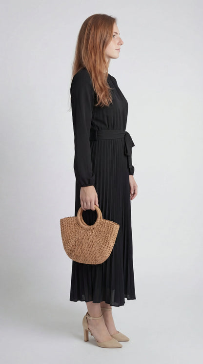 Robe Midi Plissée Femme – Ceinture à Nouer Col Montant Manches Longues