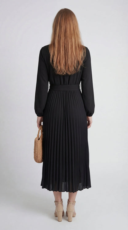 Robe Midi Plissée Femme – Ceinture à Nouer Col Montant Manches Longues