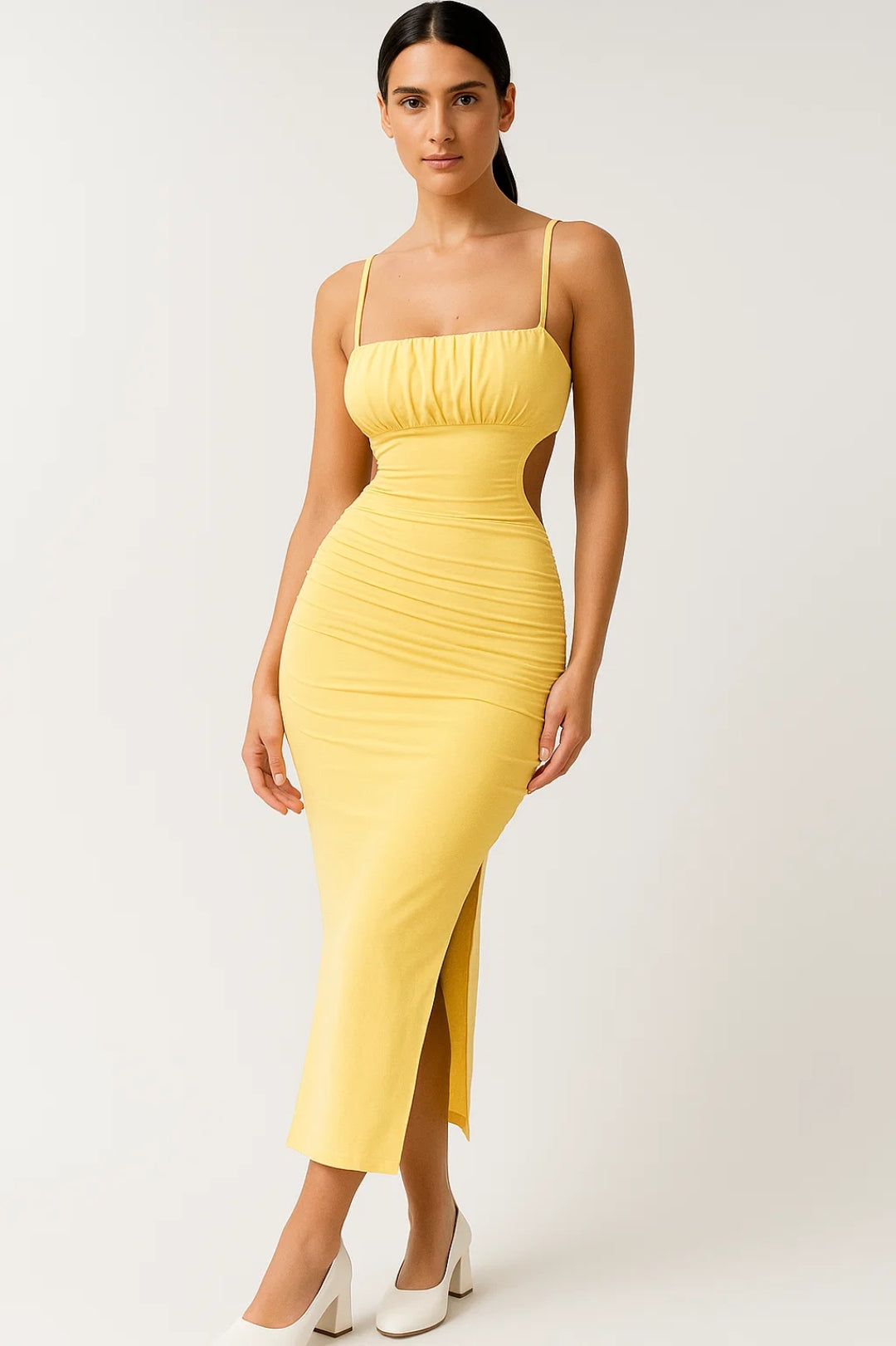 Robe Bodycon Midi Femme – Coupe Moulante avec Fronces