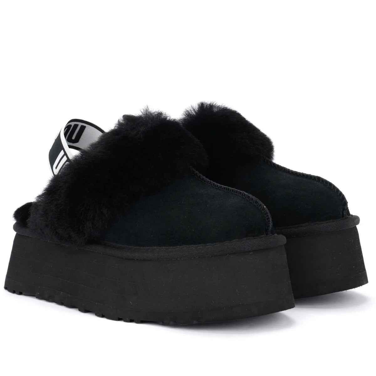 UGG Funkette Black sabots à plateforme femme en daim et peau de mouton noir, vue de face
