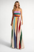 Robe Longue Femme Bustier – Rayures Multicolores Verticales