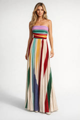 Robe Longue Femme Bustier – Rayures Multicolores Verticales