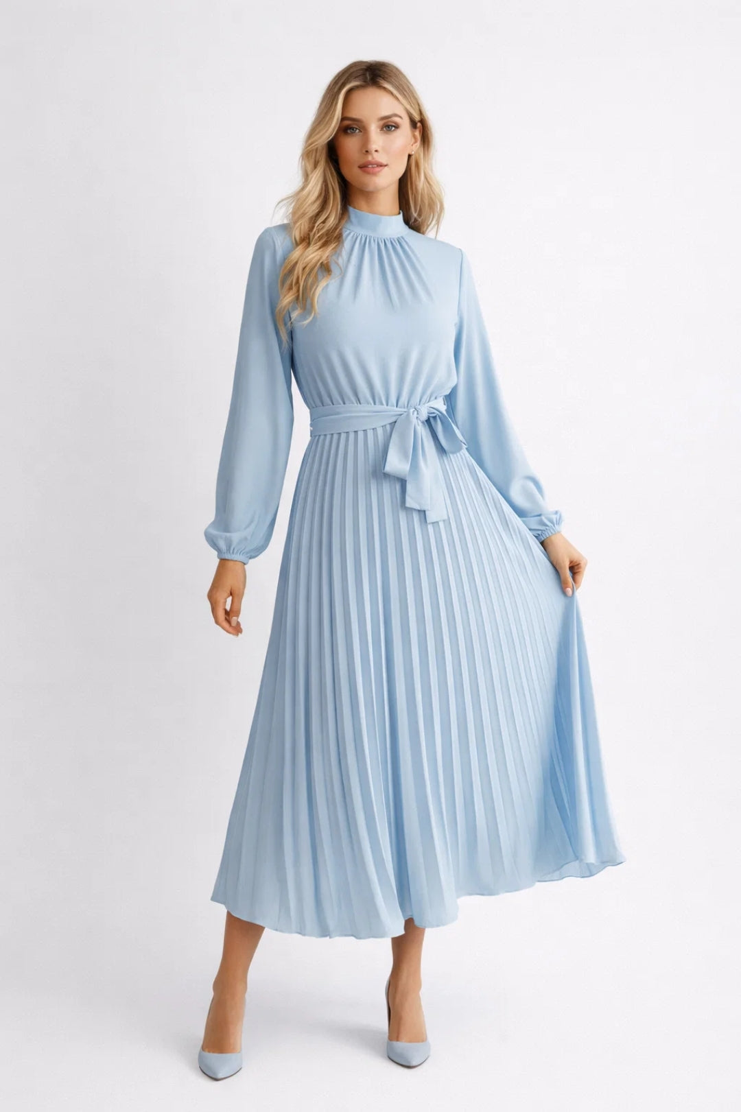 Robe Midi Femme Plissée – Taille Cintrée et Manches Longues