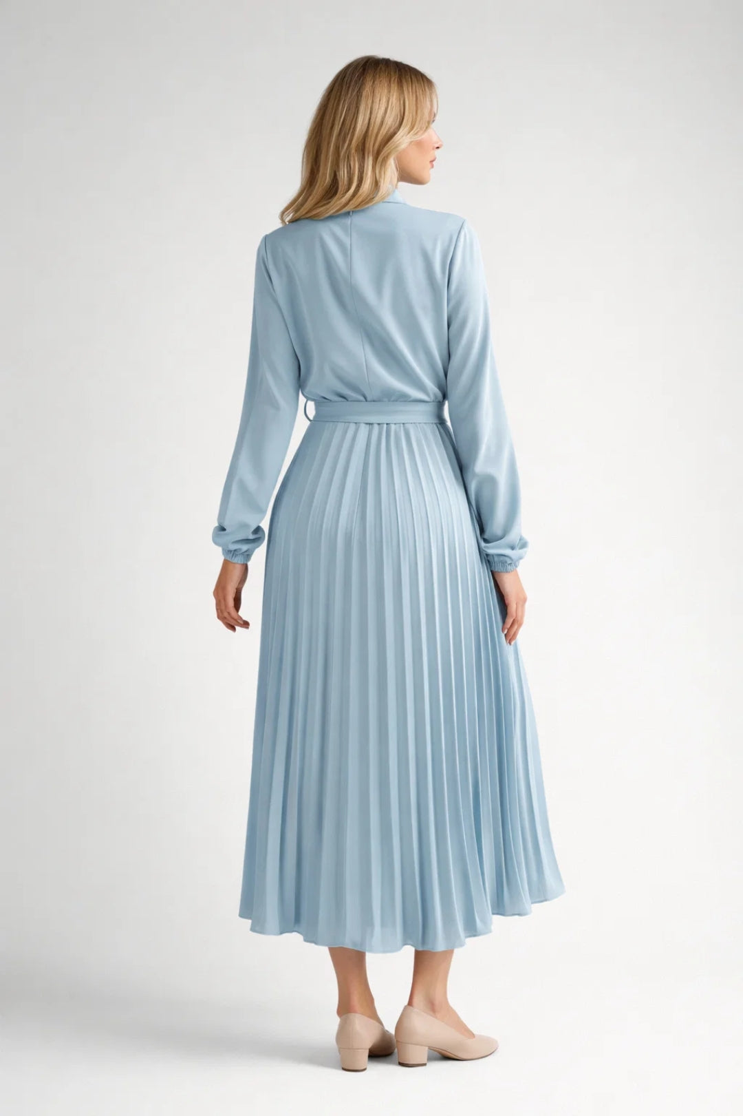 Robe Midi Femme Plissée – Taille Cintrée et Manches Longues