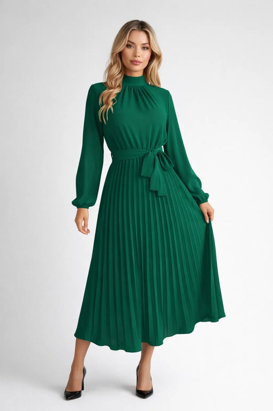 Robe Midi Femme Plissée – Taille Cintrée et Manches Longues
