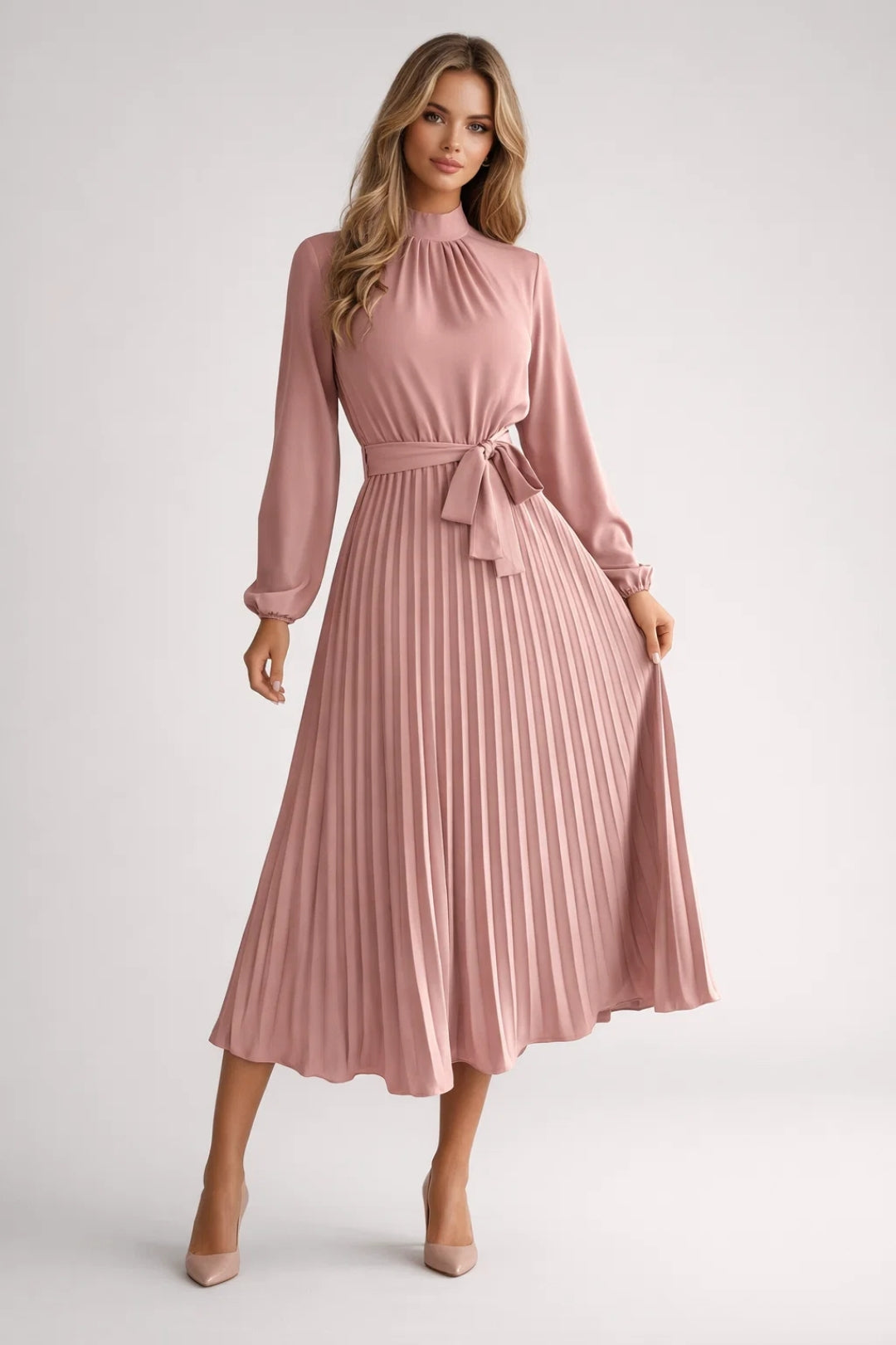 Robe Midi Femme Plissée – Taille Cintrée et Manches Longues