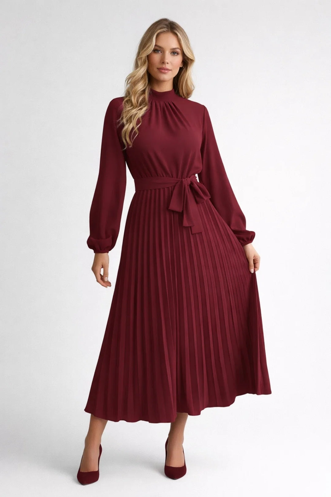 Robe Midi Femme Plissée – Taille Cintrée et Manches Longues