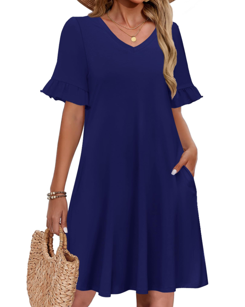 Robe Midi Femme en tissu léger, col V, coupe ample – Menvelo