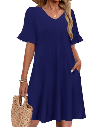 Robe Midi Femme en tissu léger, col V, coupe ample – Menvelo