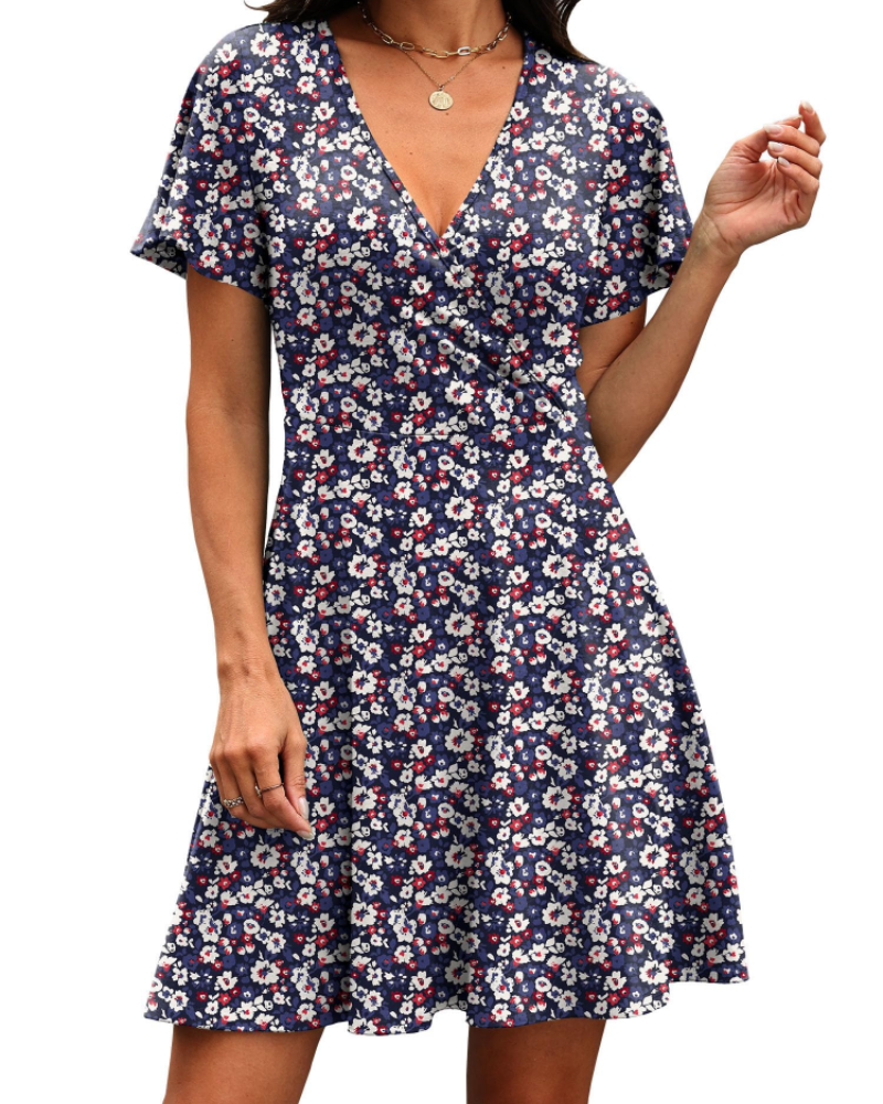 Robe Mini Femme en tissu léger, col V, coupe trapèze – Menvelo