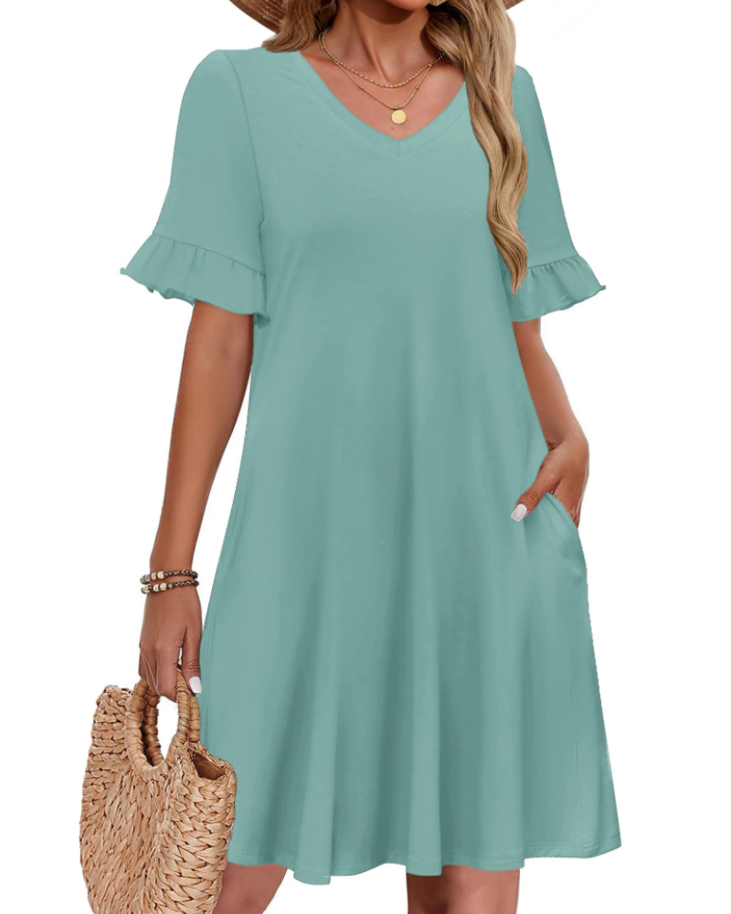 Robe Midi Femme en tissu léger, col V, coupe ample – Menvelo