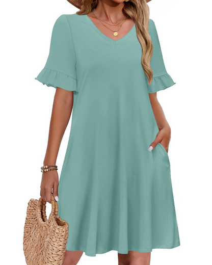 Robe Midi Femme en tissu léger, col V, coupe ample – Menvelo