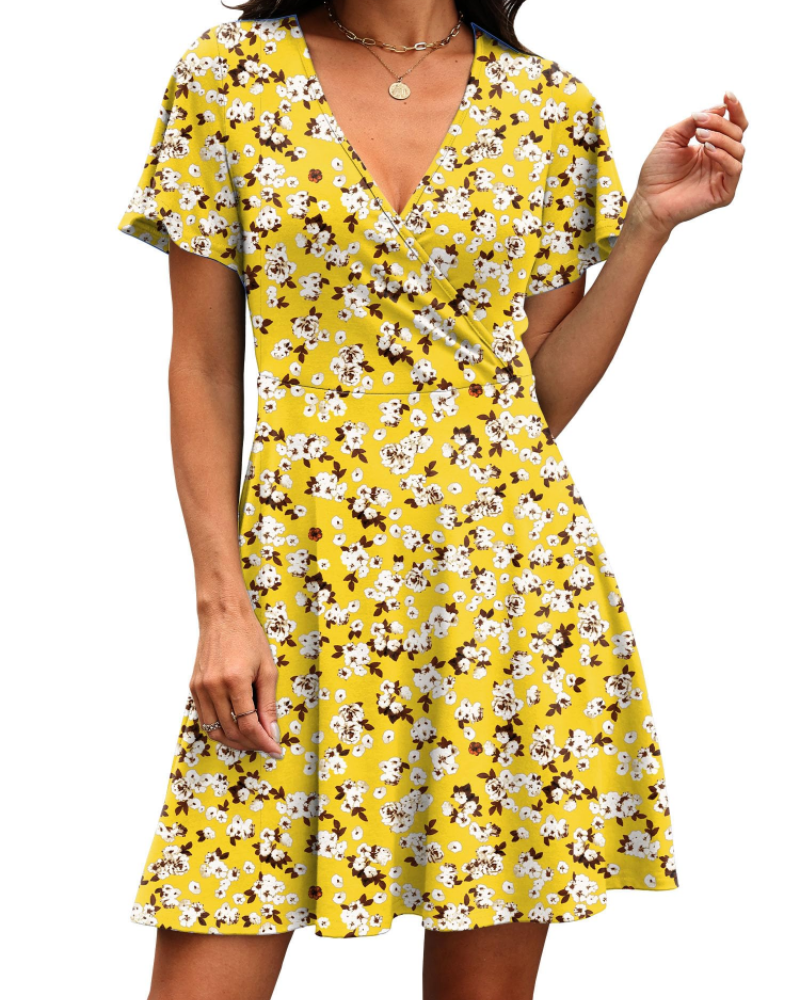 Robe Mini Femme en tissu léger, col V, coupe trapèze – Menvelo