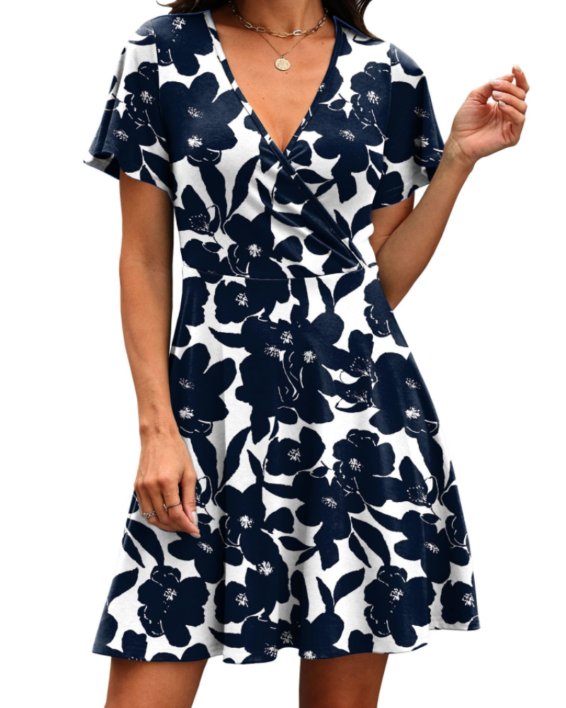 Robe Mini Femme en tissu léger, col V, coupe trapèze – Menvelo
