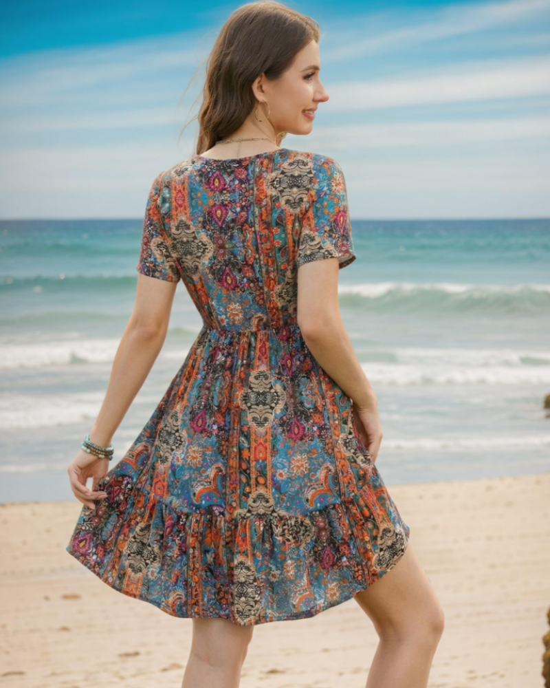 Robe Midi Femme en tissu léger, col V, coupe fluide – Menvelo