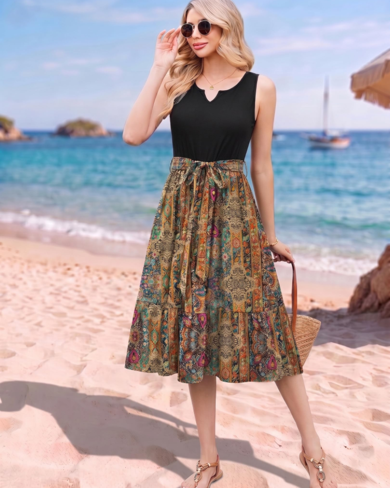 Robe Midi Femme en tissu léger, col V, coupe fluide – Menvelo