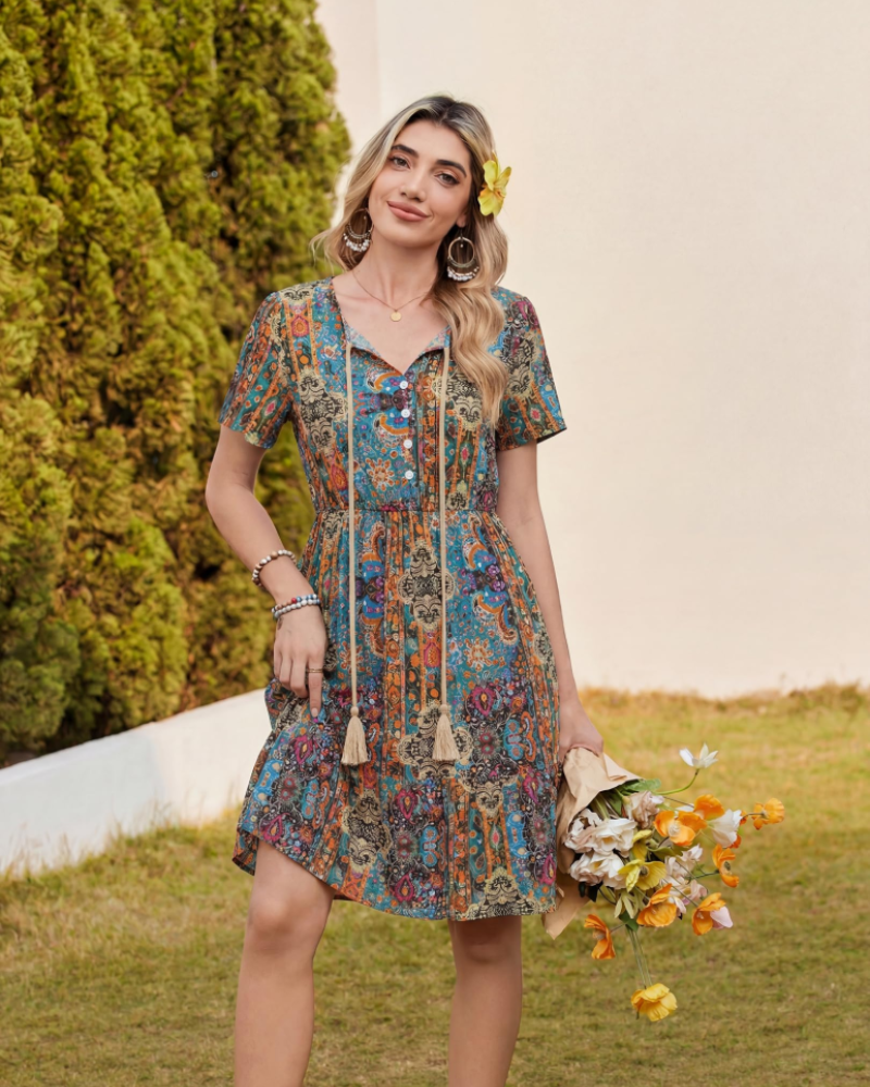 Robe Midi Femme en tissu léger, col V, coupe fluide – Menvelo