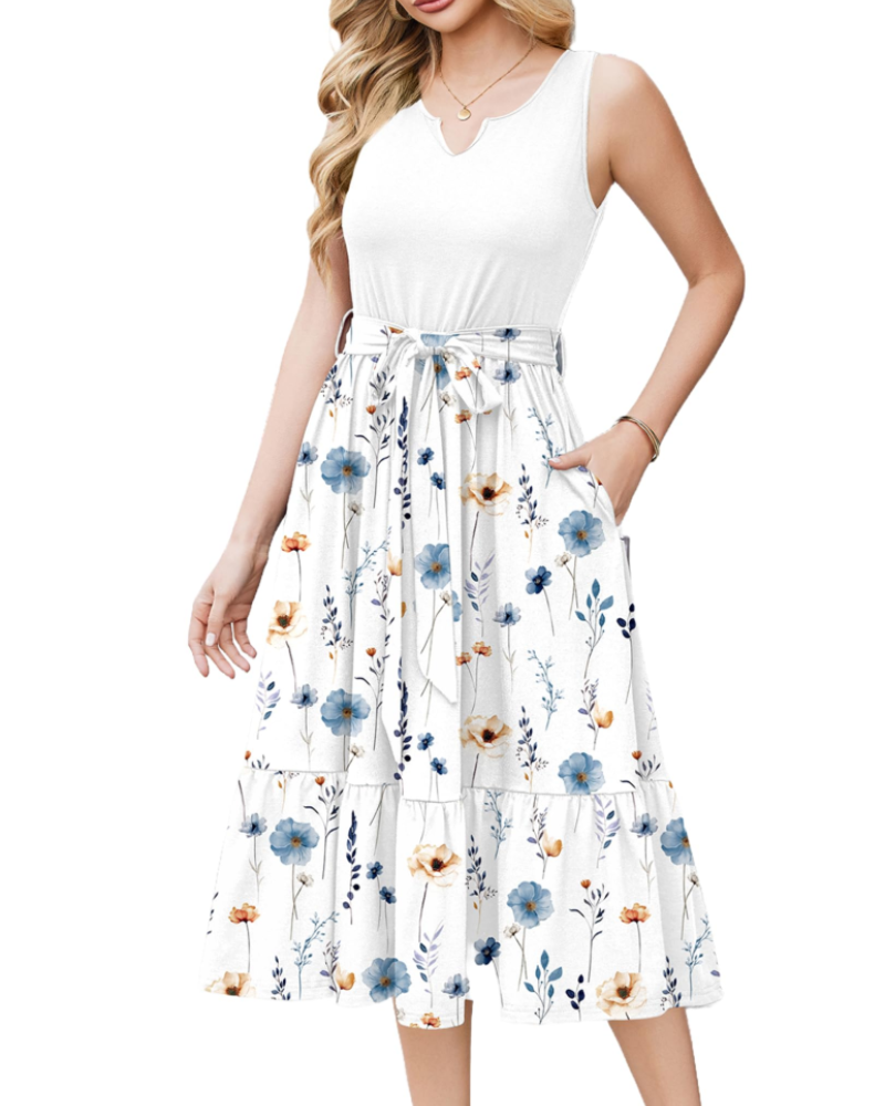 Robe Midi Femme en tissu léger, col V, coupe fluide – Menvelo