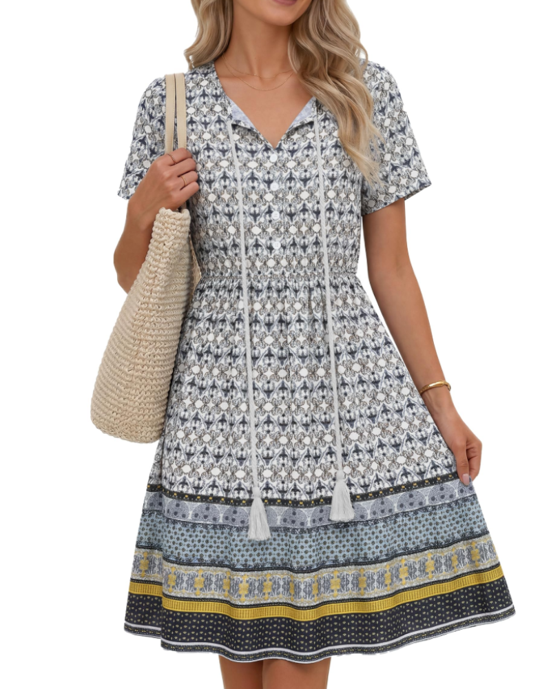 Robe Midi Femme en tissu léger, col V, coupe fluide – Menvelo